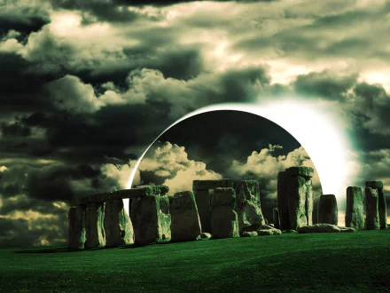 A dramatic HD desktop wallpaper showcasing Stonehenge under a moody sky, featuring dark clouds and a striking eclipse effect in the background.