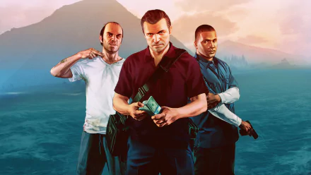 HD desktop wallpaper featuring characters from Grand Theft Auto V, including three figures poised against a dramatic landscape, capturing the essence of the game’s thrilling narrative.