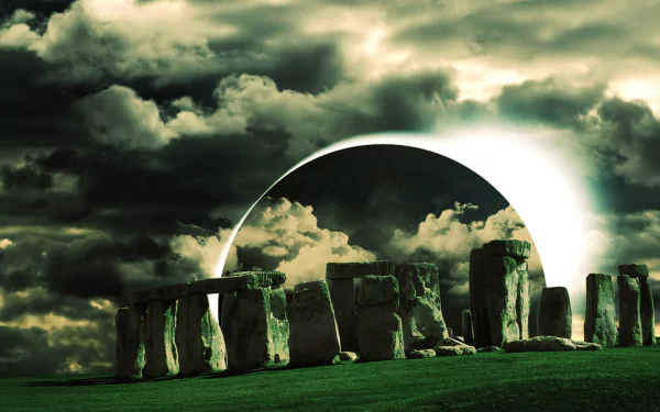 A dramatic HD desktop wallpaper showcasing Stonehenge under a moody sky, featuring dark clouds and a striking eclipse effect in the background.