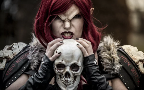 4K Ultra HD PC desktop wallpaper featuring a fierce woman in detailed cosplay armor with red hair, gripping a skull and snarling intensely.