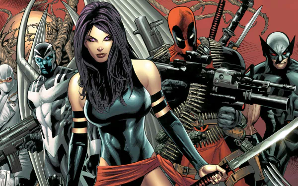 HD PC desktop wallpaper featuring Psylocke, Archangel, Wolverine, Deadpool, and Fantomex from Marvel Comics' X-Force team in dynamic action poses.