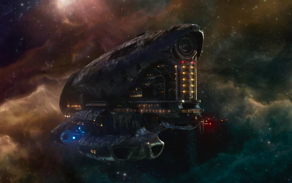 HD PC desktop wallpaper featuring a detailed spaceship from the movie Guardians of the Galaxy set against a colorful cosmic background.