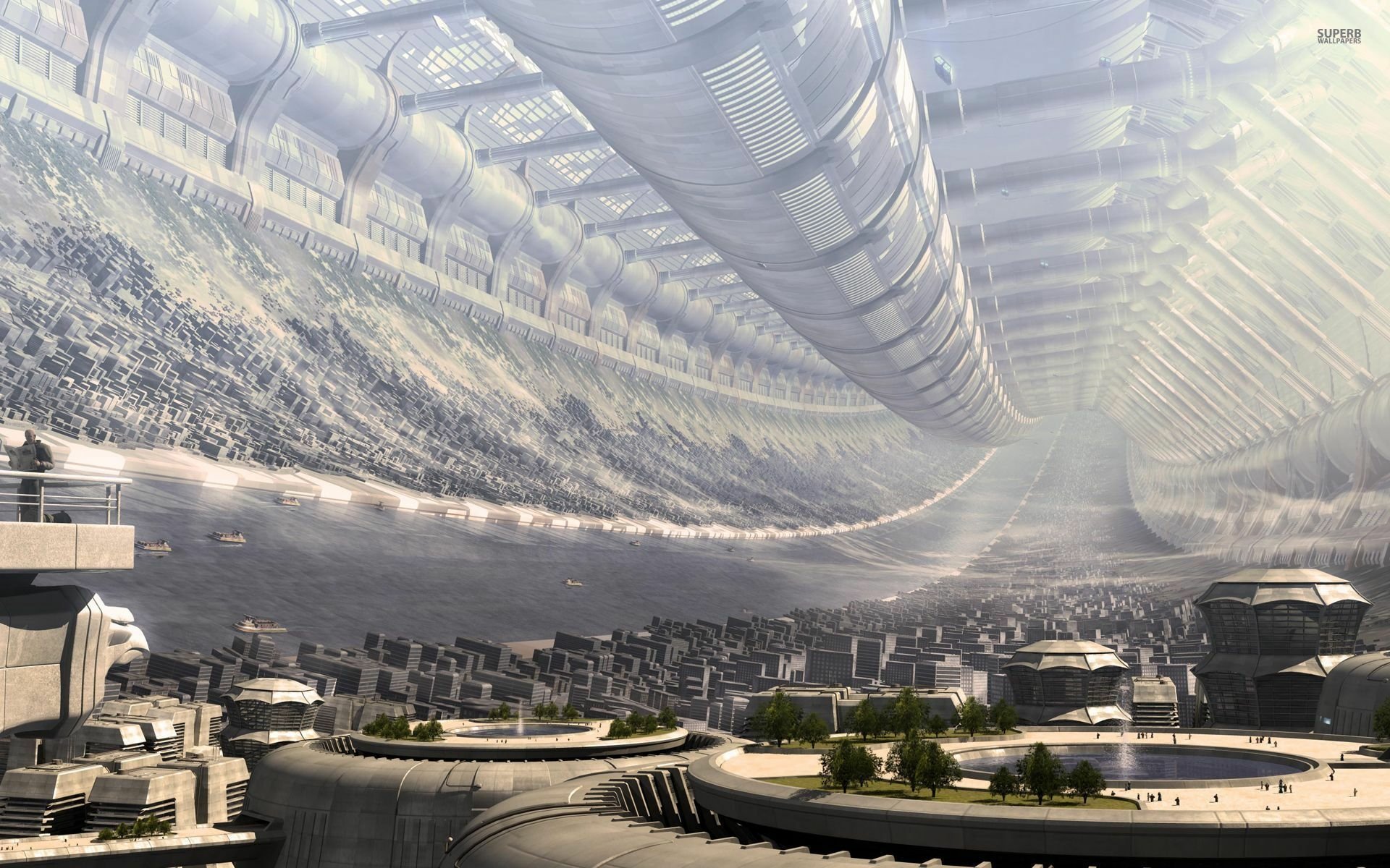 A breathtaking sci-fi cityscape featuring futuristic architecture and a vast, domed structure, presented as a high-definition PC desktop wallpaper and background.