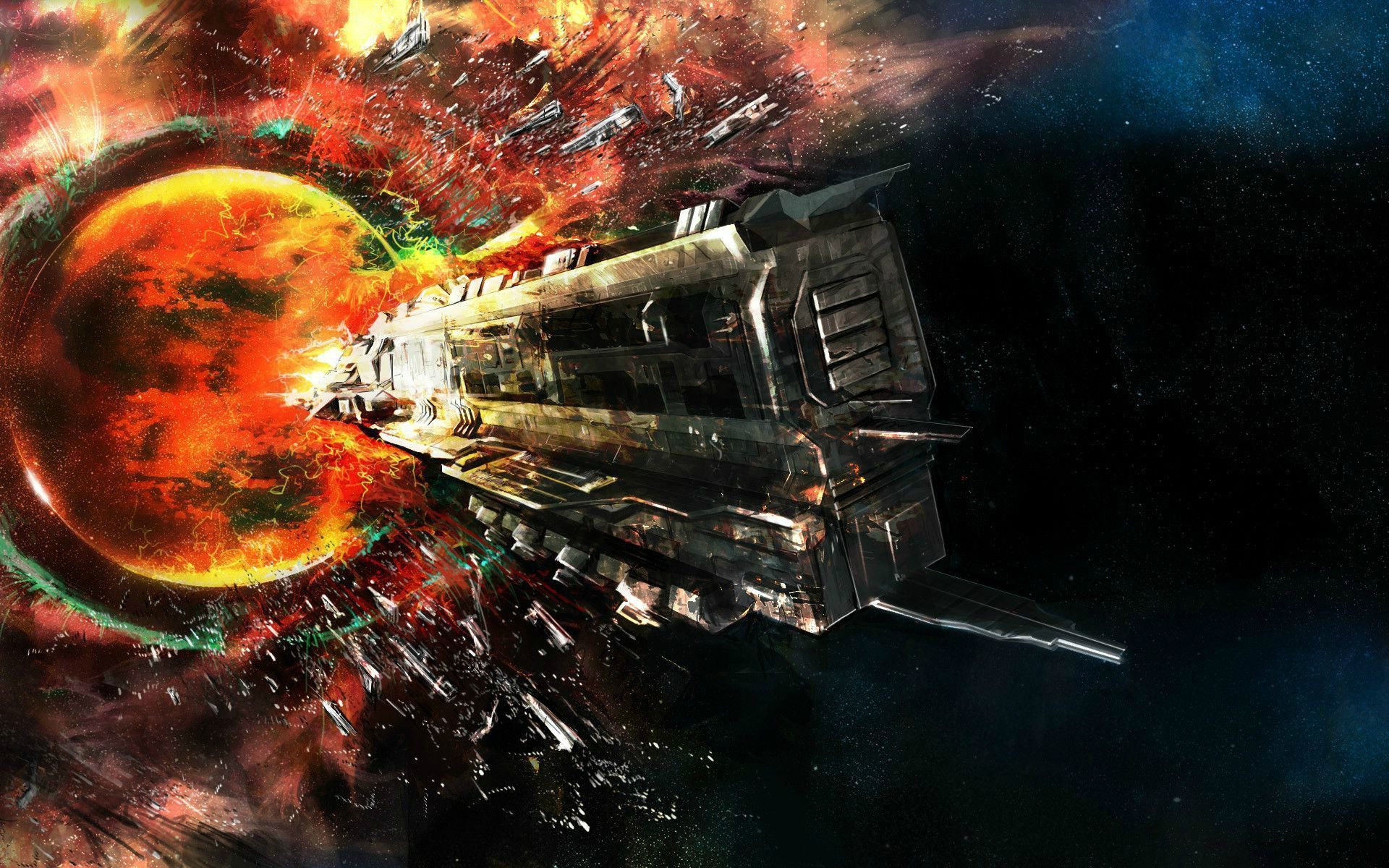 HD sci-fi desktop wallpaper depicting a detailed spaceship emerging from an explosion near a fiery planet in deep space.