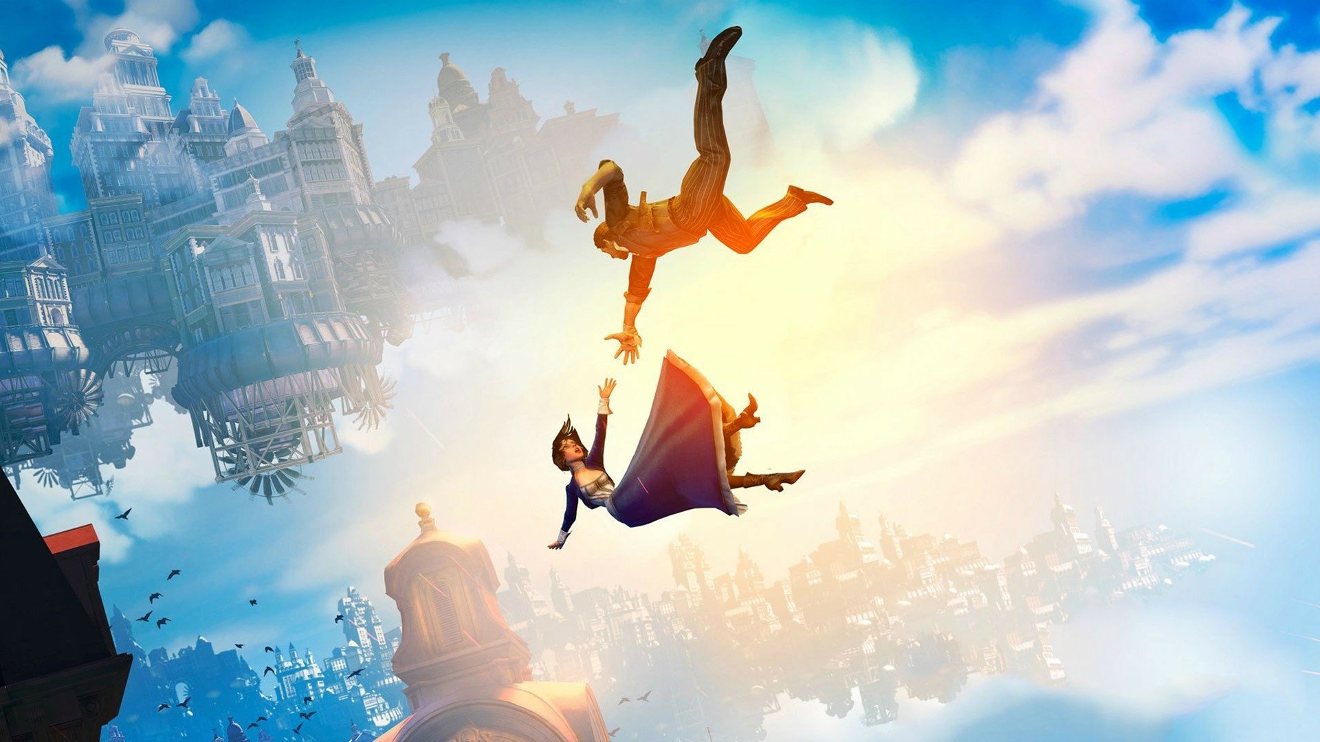A dynamic HD wallpaper from the video game Bioshock Infinite, featuring characters leaping amidst a vibrant sky and floating cityscape.