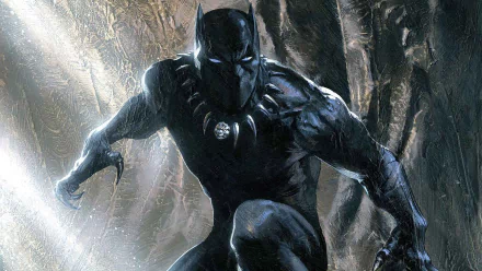 HD wallpaper featuring Black Panther from Marvel Comics in a dynamic comic-style pose, set against a dramatic background.