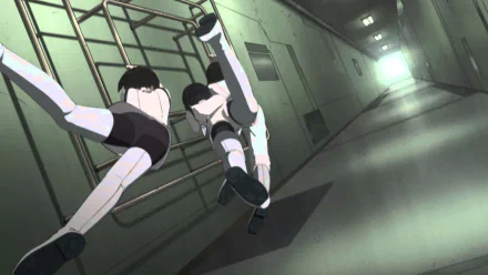 HD wallpaper of Knights of Sidonia characters floating through a spaceship corridor.