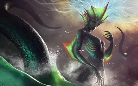 A captivating fantasy scene featuring a mermaid with vibrant green and blue hues, set against a dramatic backdrop of waves and a stormy sky. An enchanting HD desktop wallpaper.