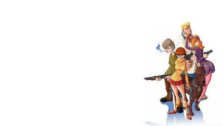 Scooby-Doo TV show HD PC desktop wallpaper background: Fred, Daphne, Velma, Shaggy and Scooby clustered at right, leaving wide white space on the left for icons.