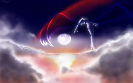 A stunning HD wallpaper featuring a character from Neon Genesis Evangelion, soaring through clouds with vibrant red and blue ribbons, set against a glowing moonlit background.