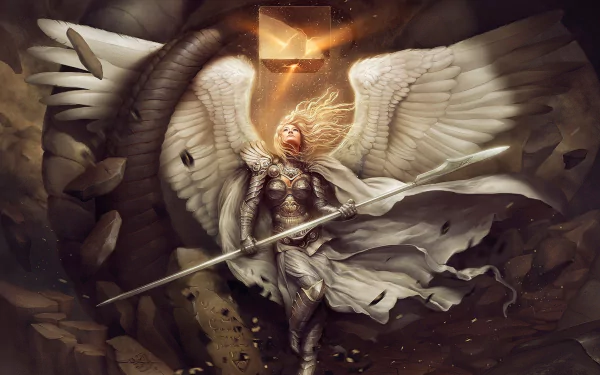 HD fantasy PC desktop wallpaper of a fierce angel warrior with glowing hair, white wings, and armor, wielding a long spear amidst a dramatic, crumbling stone background.