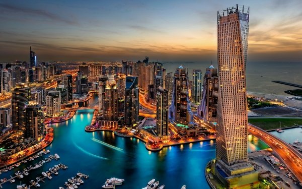 Man Made Dubai Cities United Arab Emirates Cityscape City Evening Light Boat Building Architecture HD Wallpaper | Background Image