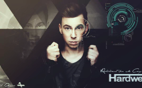 HD PC desktop wallpaper featuring DJ Hardwell with futuristic digital music-themed graphics and a dark, modern design.