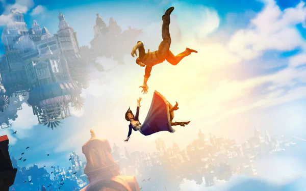 A dynamic HD wallpaper from the video game Bioshock Infinite, featuring characters leaping amidst a vibrant sky and floating cityscape.