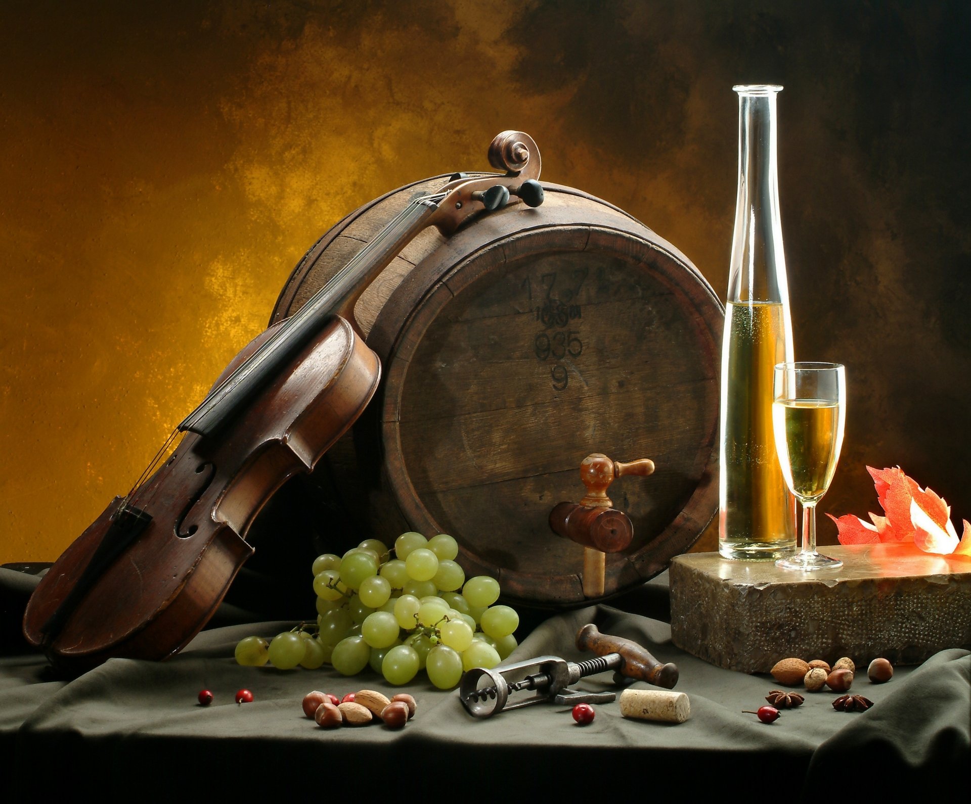 A stunning still life featuring a violin, a wine bottle, and a glass atop a wooden barrel, surrounded by green grapes and autumn leaves, showcasing rich colors and textures in 4K Ultra HD.