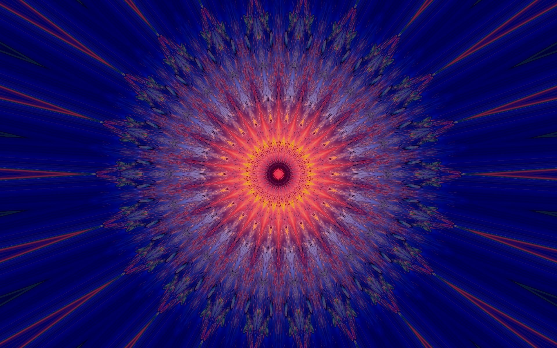 Abstract kaleidoscope design with vibrant red and blue circular patterns, creating a dynamic and artistic HD desktop wallpaper background.