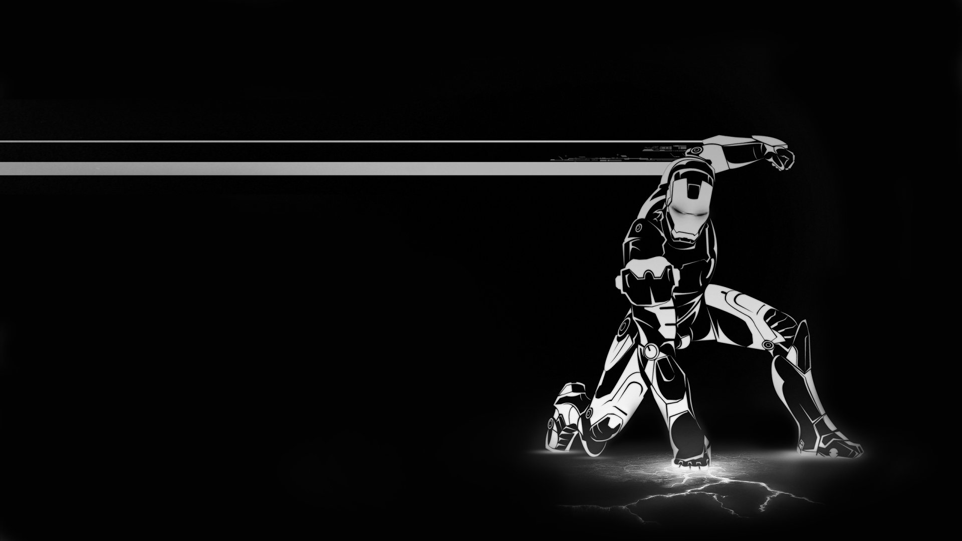 HD PC desktop wallpaper featuring a comic-style Iron Man in a dynamic pose, highlighted with glowing white lines against a black background.