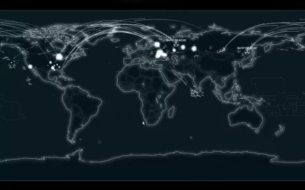 HD PC desktop wallpaper of a Defcon video game world map: glowing nodal points and flight arcs across continents on a dark, high-tech blueprint-style background.