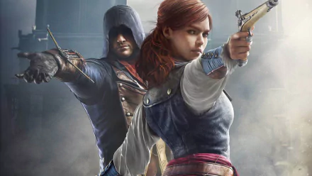 HD desktop wallpaper featuring Élise de la Serre and Arno Dorian from the video game Assassin's Creed: Unity, showcasing the characters in dynamic combat poses.