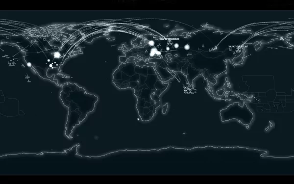 HD PC desktop wallpaper of a Defcon video game world map: glowing nodal points and flight arcs across continents on a dark, high-tech blueprint-style background.