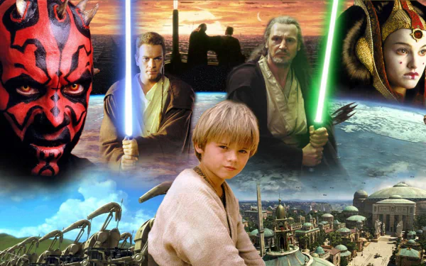 blue lightsaber green lightsaber lightsaber beard Sith (Star Wars) Jedi Horns (Movie) Padmé Amidala Queen Amidala Anakin Skywalker Qui-gon Jinn Obi-Wan Kenobi Darth Maul movie Star Wars: Episode I - The Phantom Menace HD Desktop Wallpaper | Background Image