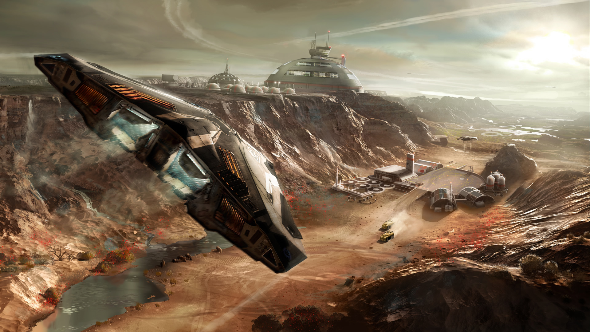 HD desktop wallpaper from Elite: Dangerous video game depicting a spaceship flying over a rugged extraterrestrial landscape with bases in the background.