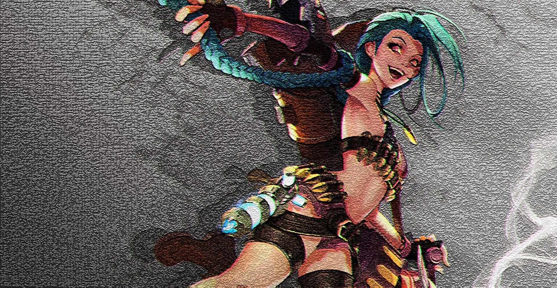A vibrant HD wallpaper featuring Jinx from League of Legends, showcasing her mischievous personality and dynamic pose in a captivating video game setting.