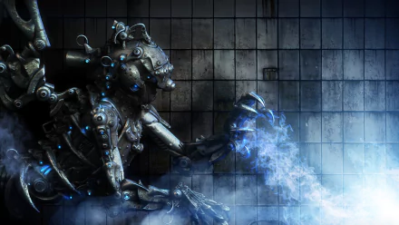 HD PC desktop wallpaper of a sci-fi metallic multi-limbed robot projecting crackling blue energy from a claw in a dark, tiled industrial chamber.