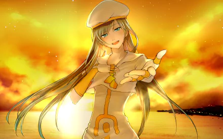 Alice Carroll sunset glove white dress hat green hair long hair Anime Aria anime sunset HD Desktop Wallpaper | Background Image