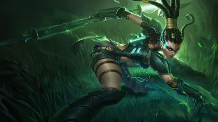 Nidalee from League of Legends is depicted in this dynamic HD wallpaper, showcasing her agility and strength amidst a lush, green backdrop in the popular video game.