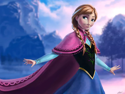 A vibrant HD desktop wallpaper featuring Anna from the movie Frozen, showcasing her iconic outfit and a stunning winter landscape in the background.