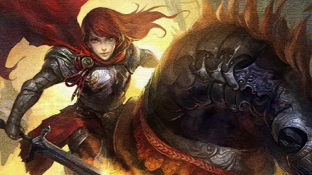 Legend of the Cryptids: red-haired armored warrior with sword charging beside a dark armored warhorse amid flames — 2K Quad HD PC desktop wallpaper.