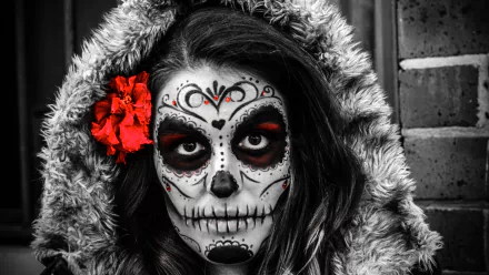 A striking artistic sugar skull portrait with detailed face paint and a red flower accent, presented in 4K Ultra HD as a PC desktop wallpaper and background.
