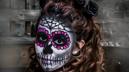 Artistic sugar skull portrait of a woman with intricate Day of the Dead face paint and dark roses in her hair — 2K Quad HD PC desktop wallpaper background.