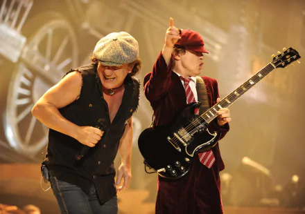 A dynamic 4K Ultra HD wallpaper featuring AC/DC performers, capturing the energy of their live performance with vibrant visuals and powerful musicianship.
