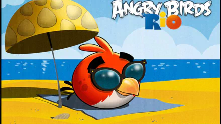 HD PC desktop wallpaper featuring the red Angry Bird wearing sunglasses under a beach umbrella from the video game Angry Birds Rio.