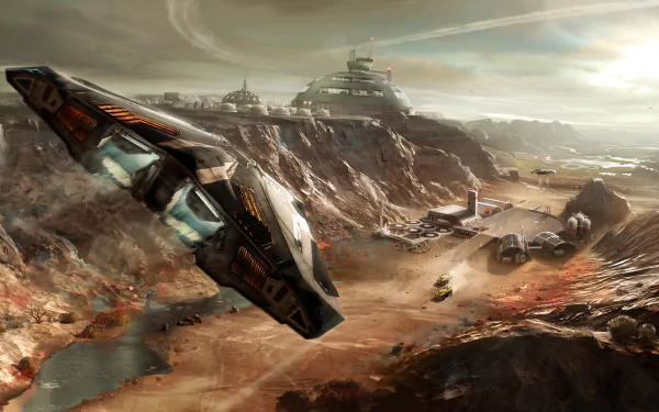 HD desktop wallpaper from Elite: Dangerous video game depicting a spaceship flying over a rugged extraterrestrial landscape with bases in the background.