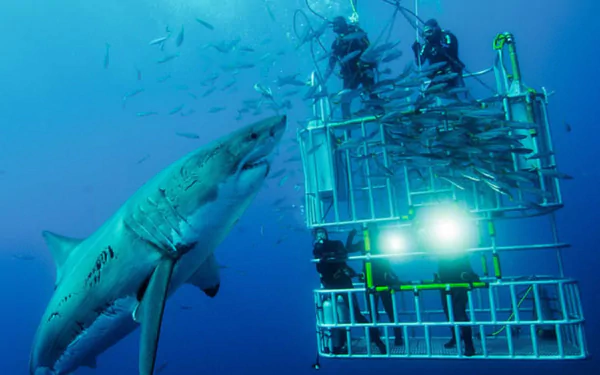 HD PC desktop wallpaper showing a great white shark swimming near a submerged cage with divers inside, surrounded by fish in deep blue ocean water.