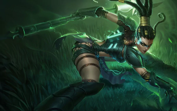 Nidalee from League of Legends is depicted in this dynamic HD wallpaper, showcasing her agility and strength amidst a lush, green backdrop in the popular video game.