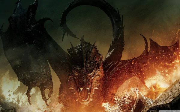 HD PC desktop wallpaper featuring a fierce dragon amidst flames from the movie The Hobbit: The Battle of the Five Armies.