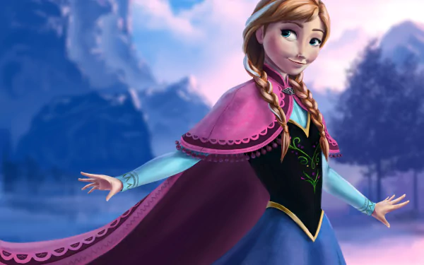 A vibrant HD desktop wallpaper featuring Anna from the movie Frozen, showcasing her iconic outfit and a stunning winter landscape in the background.