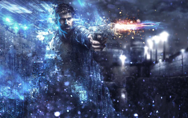 HD PC desktop wallpaper from the video game Get Even: a man fires a handgun through blue digital distortions and snow against a blurred cityscape.