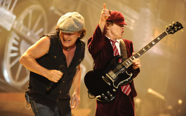 A dynamic 4K Ultra HD wallpaper featuring AC/DC performers, capturing the energy of their live performance with vibrant visuals and powerful musicianship.
