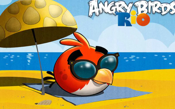 HD PC desktop wallpaper featuring the red Angry Bird wearing sunglasses under a beach umbrella from the video game Angry Birds Rio.