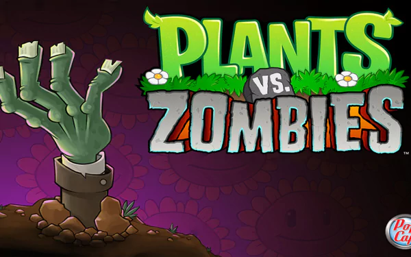 HD PC desktop wallpaper featuring the Plants vs. Zombies video game logo with a green zombie hand emerging from the ground against a dark purple background.