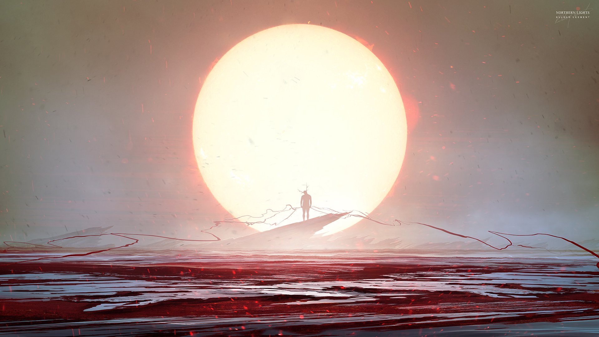 Sci-fi HD desktop wallpaper featuring a lone figure standing on a barren landscape with a massive glowing sun dominating the horizon.
