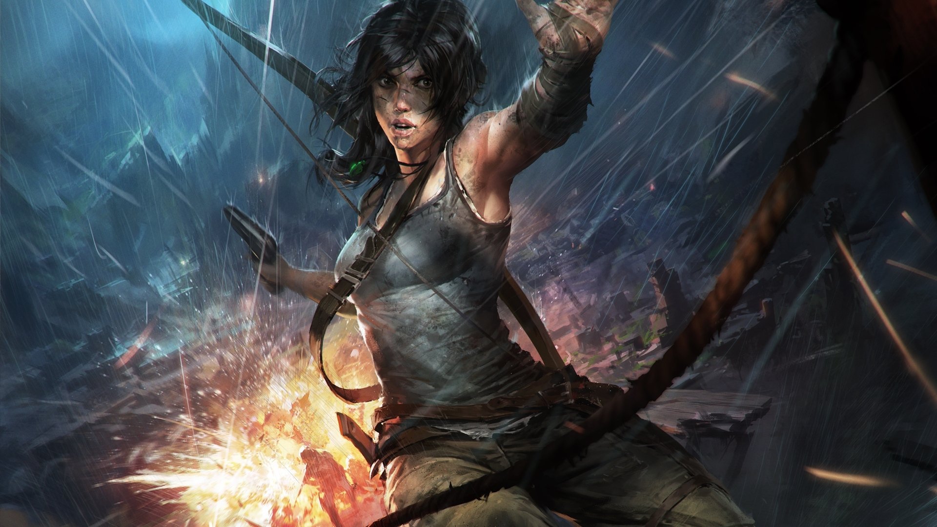 Tomb Raider video game HD PC desktop wallpaper: Lara Croft in rain and sparks, gripping a bow with climbing rope and gear, poised amid explosions.
