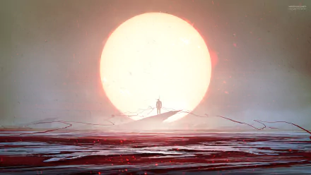 Sci-fi HD desktop wallpaper featuring a lone figure standing on a barren landscape with a massive glowing sun dominating the horizon.