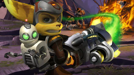 HD PC desktop wallpaper from the video game Ratchet & Clank: Up Your Arsenal, showing Ratchet and Clank firing a massive blaster amid fiery, purple-tinged ruins.