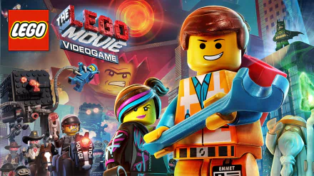 HD PC desktop wallpaper featuring characters from The LEGO Movie Videogame, with Emmet holding a large blue wrench against a vibrant action-packed background.